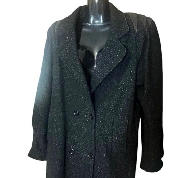 David Benjamin Pure Wool Vintage Leather Trim Long Button Up Coat - Picture 6 of 13